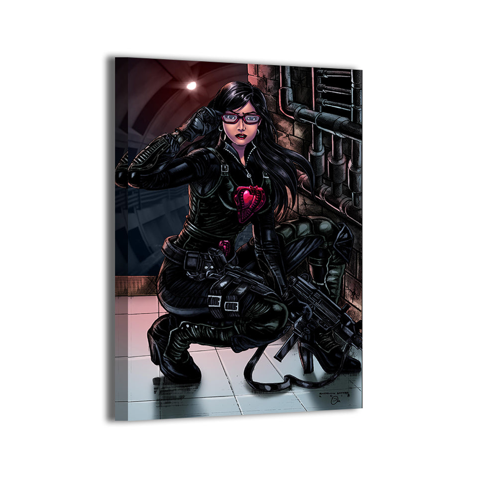 Baroness in black suit ready for covert mission; Silver Phoenix artwork; gallery-wrapped.