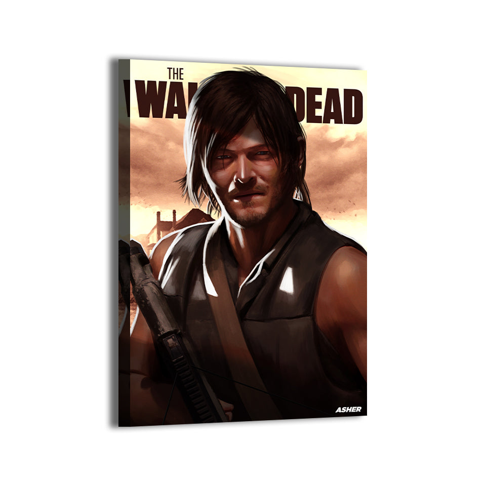 daryl dixon with crossbow at sunset by Ben Asher; gallery-wrapped, ready to hang.