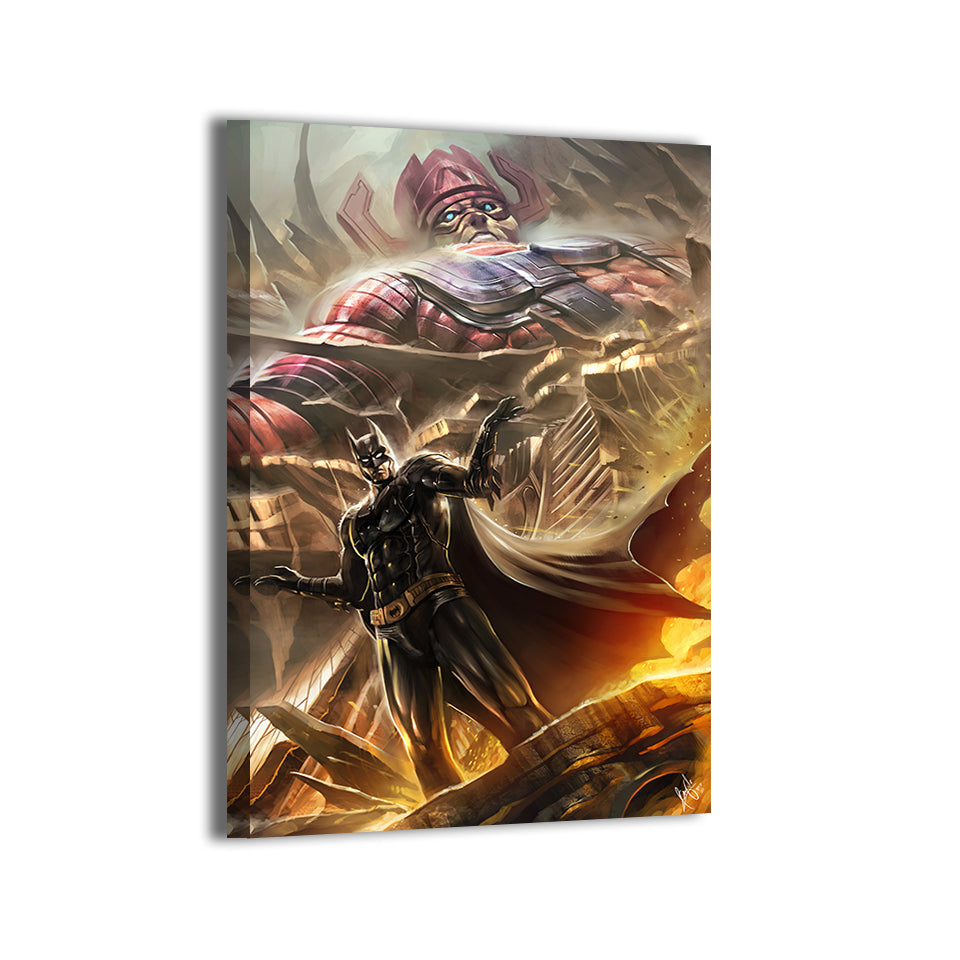 Batman vs cosmic titan crossover scene; Ceasar artwork; gallery-wrapped.