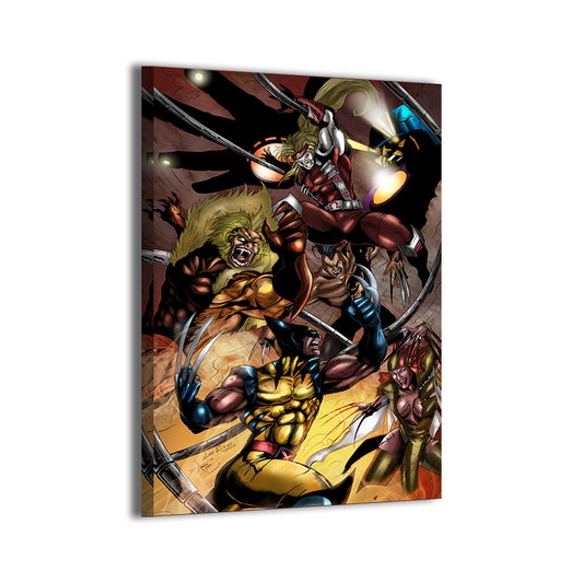 Wolverine vs multiple villains by Savy Lim, colors by Fletcher Horton; gallery-wrapped, ready to hang.