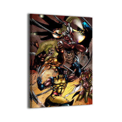 Wolverine vs multiple villains by Savy Lim, colors by Fletcher Horton; gallery-wrapped, ready to hang.