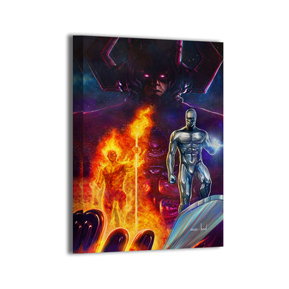 Devourer’s Heralds Ascend Canvas — Galactus looming; Silver Surfer and Fire lord blazing, Marvel fan art by Ryan Pasibe, colors by Marvin Tabacon; gallery-wrapped, ready to hang.