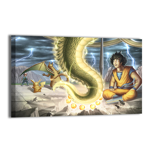 Goku facing Ash, Pikachu, Charizard, and Shenron on a shattered arena by Oliver Morit; gallery-wrapped, ready to hang.