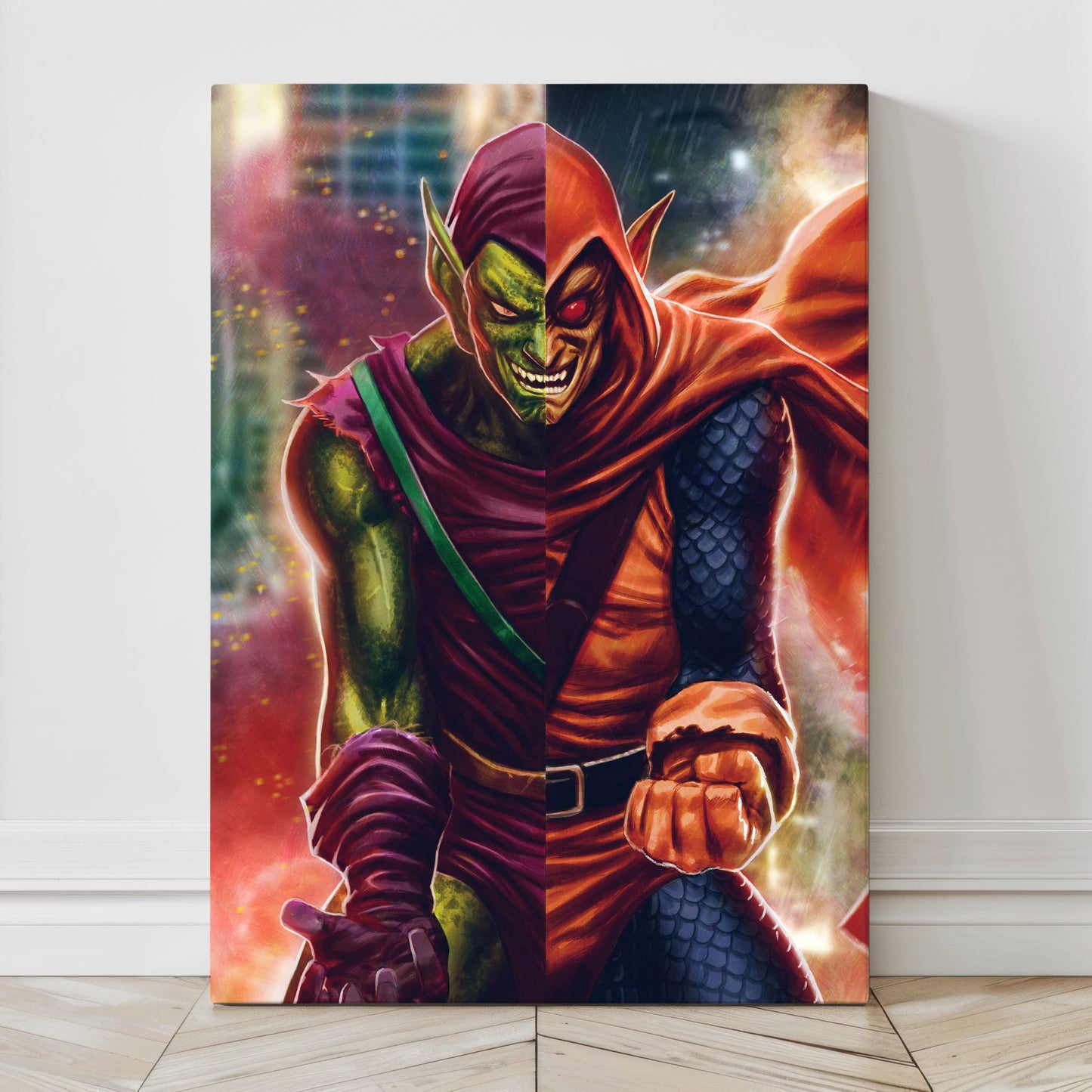 Textured canvas view—dual goblin faces, clenched fists, dramatic lighting; Ryan Pasibe art, colored by Marvin Tabacon.