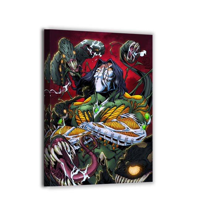 Canvas view—armored host surrounded by tendrils and monsters; intense reds and greens; dramatic comic rendering.