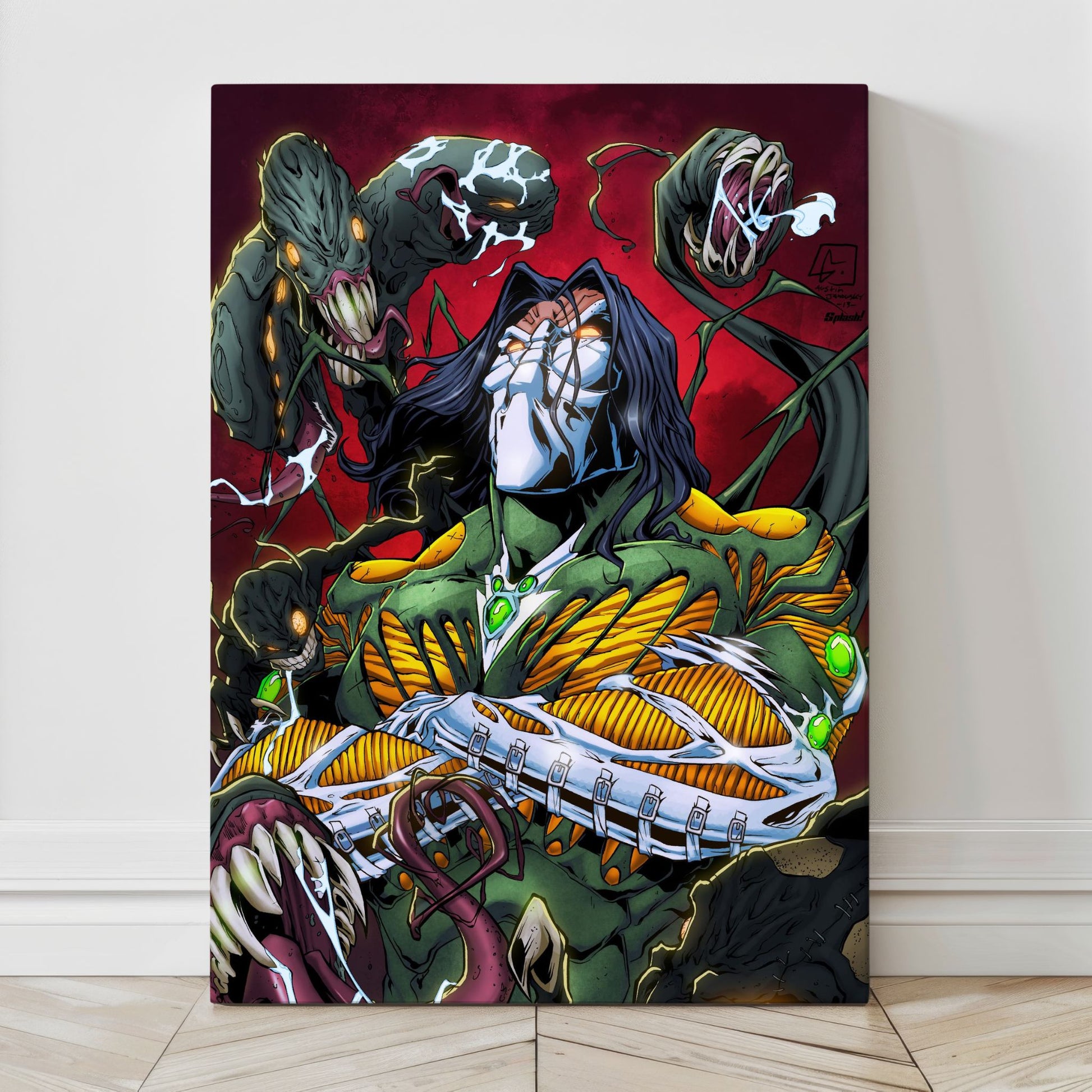 Canvas view—armored host surrounded by tendrils and monsters; intense reds and greens; dramatic comic rendering.