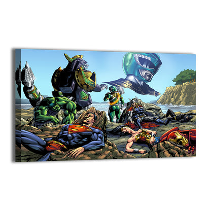 Dragon-themed mech and Green Ranger victorious over fallen superheroes on shoreline; Geebo Vigonte artwork, gallery-wrapped.