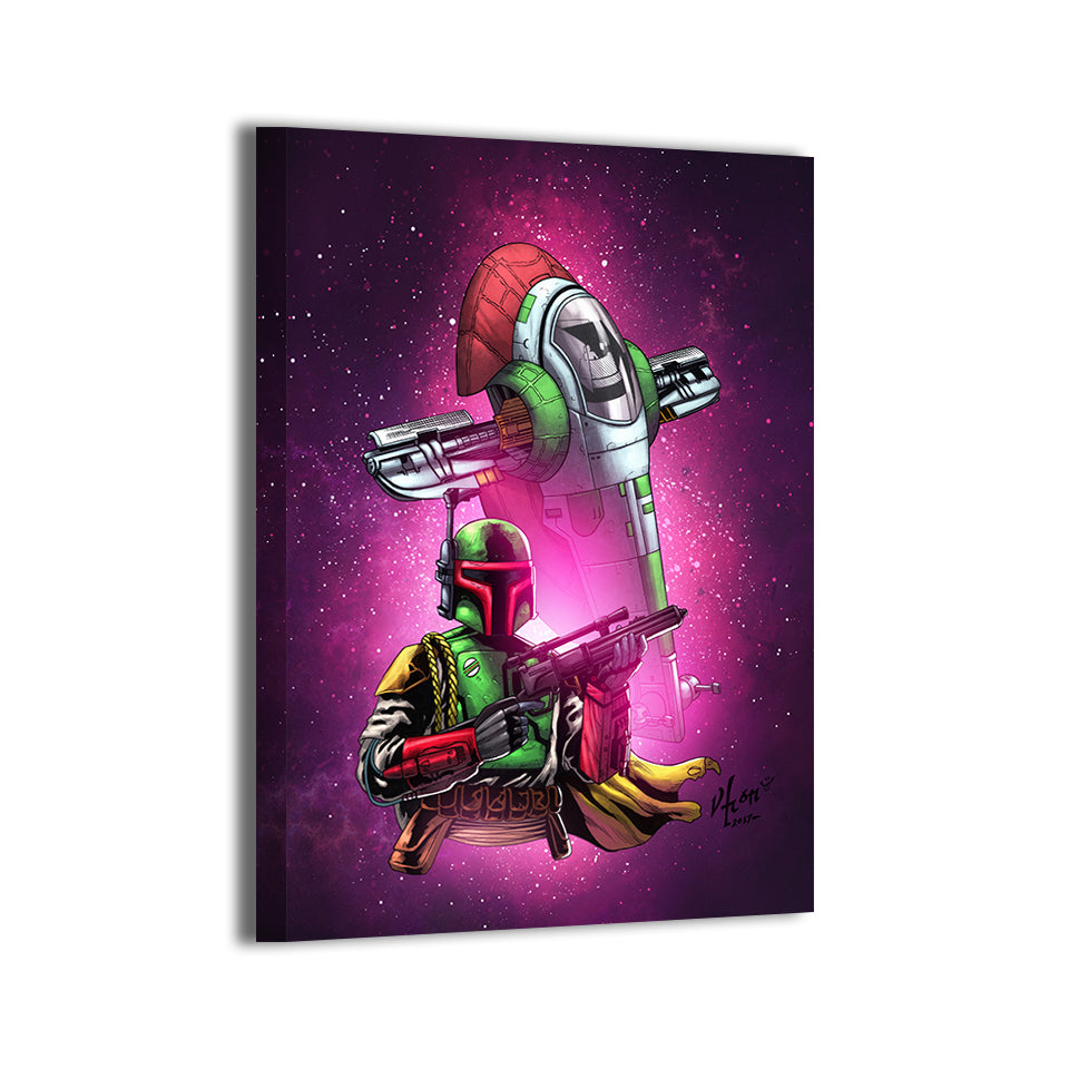 boba fett bounty hunter with blaster by Vhon Remot; gallery-wrapped, ready to hang.