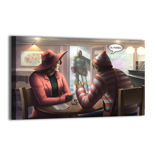 Carmen Sandiego and Waldo discovered by Boba Fett crossover scene; Oliver Morit artwork; gallery-wrapped.
