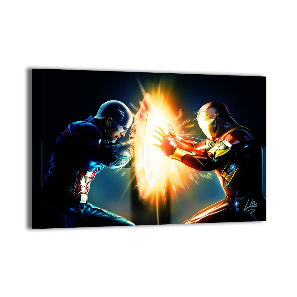 Civil War clash between Captain America and Iron Man; Richard Williams artwork; gallery-wrapped.