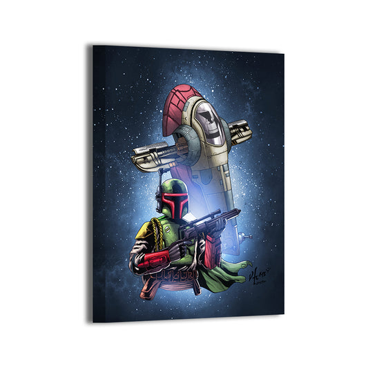 Galactic Bounty & Gunship Canvas — Boba Fett with Firespray/Slave I from Star Wars, by Vhon Remot, colors by Nestor Redulla Jr.; gallery-wrapped, ready to hang.
