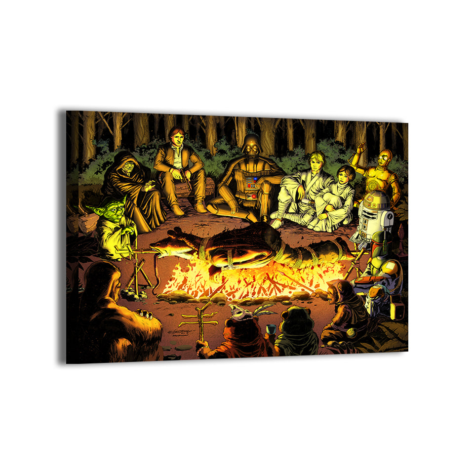 Star Wars heroes and villains at a campfire roasting Jar Jar by Emil Cabaltierra, colors by Splash Colors; gallery-wrapped, ready to hang.