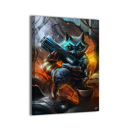Rocket Raccoon and Baby Groot in industrial battleground by Ceasar; gallery-wrapped.