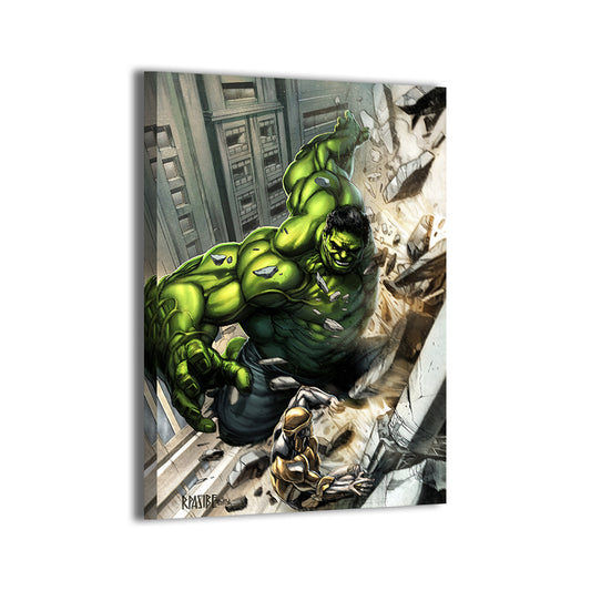 Hulk vs Chitauri by Ryan Pasibe; Avengers battle scene canvas wall art.
