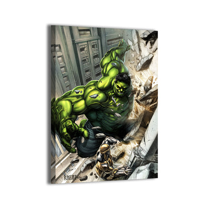 Hulk vs Chitauri by Ryan Pasibe; Avengers battle scene canvas wall art.