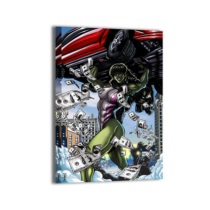 Gallery-wrapped canvas of a gamma-strong heroine mid-heist, ready to hang; art by Ray Dash.