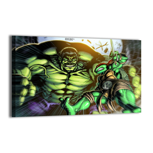 Hulk vs Raphael by Ryan Pasibe; wall art canvas of Marvel and TMNT crossover.