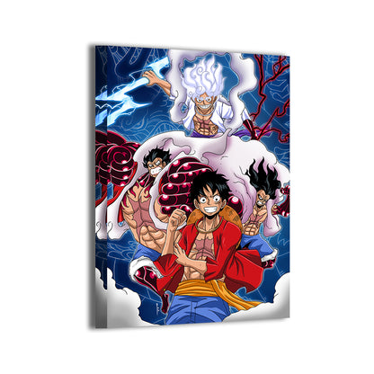 Gallery-wrapped canvas of Luffy’s evolving gear forms, ready to hang; art by Emmanuel Centeno.