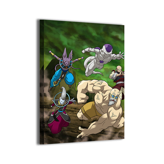 Dragon Ball Super group scene by Ryan Pasibe and Sam Dela Torre; gallery-wrapped, ready to hang.