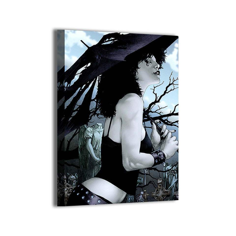 Pale goth woman inspired by Sandman’s Death in cemetery scene; Jesse Hansen line art on gallery-wrapped canvas.