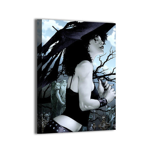 Pale goth woman inspired by Sandman’s Death in cemetery scene; Jesse Hansen line art on gallery-wrapped canvas.