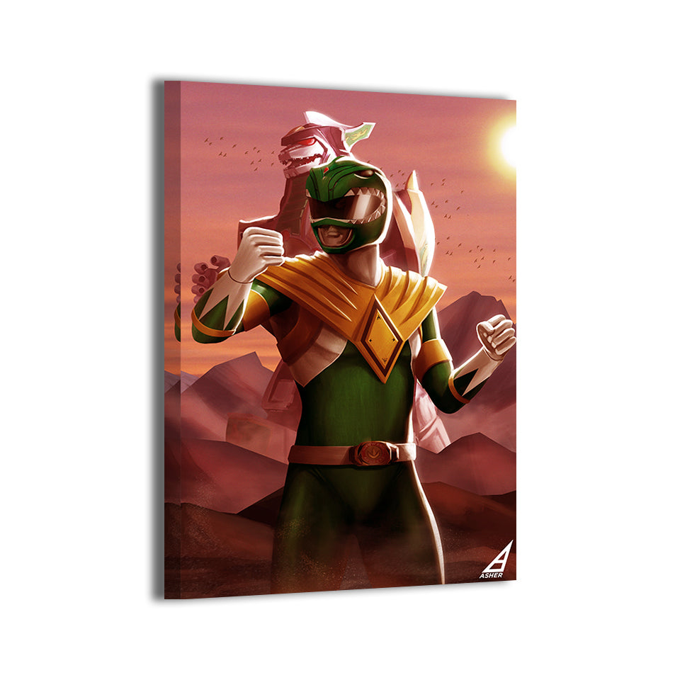 cinematic artwork of Green Ranger and Dragonzord in canyon sunset.