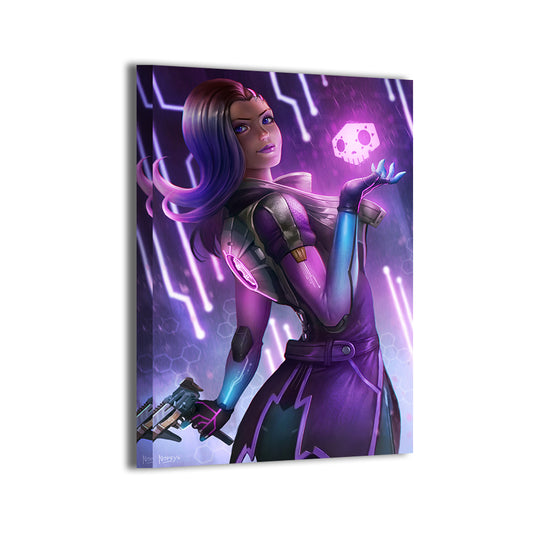 Hacker Queen Canvas — Sombra in violet code with sleek armor, Overwatch art by Nopeys; gallery-wrapped, ready to hang.