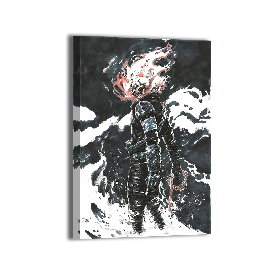 Hellfire Judgment Canvas Print — Ghost Rider wielding a flaming chain amid darkness and fire, artwork by Don Mark Noceda; gallery-wrapped, ready to hang.