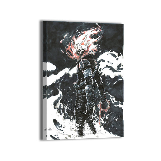 Hellfire Judgment Canvas Print — Ghost Rider wielding a flaming chain amid darkness and fire, artwork by Don Mark Noceda; gallery-wrapped, ready to hang.