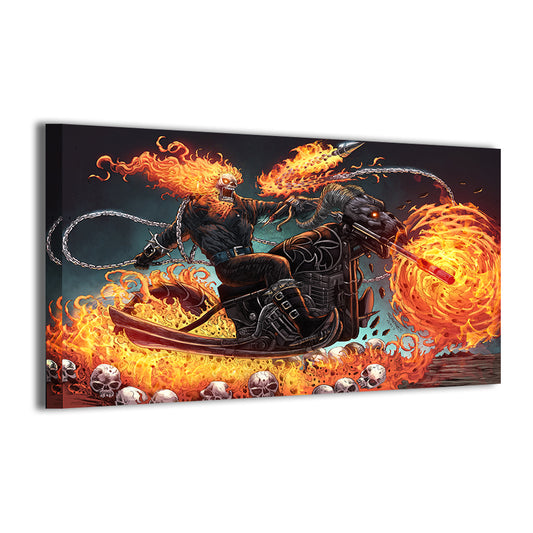 Gallery-wrapped canvas of Ghost Rider charging forward through fire; ready to hang; art by Sherwin Caasyao Saynes, colors by Nestor Redulla Jr.
