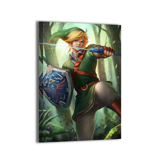Hylian Resolve Canvas Print — dynamic action pose with raised shield and bright blade, artwork by Nopeys; gallery-wrapped, ready to hang.