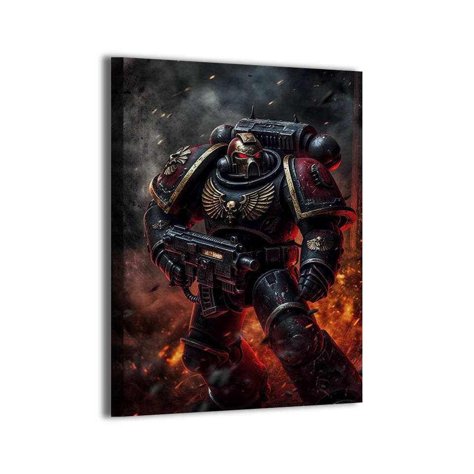 Power-armored Space Marine in battle; gallery-wrapped, ready to hang.