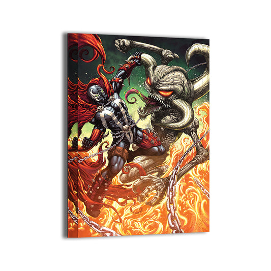 Infernal Duel Canvas Print — Spawn vs Violator with hellfire and chains, art by Michael Magallanes, colors by Nestor Redulla Jr.; gallery-wrapped, ready to hang.