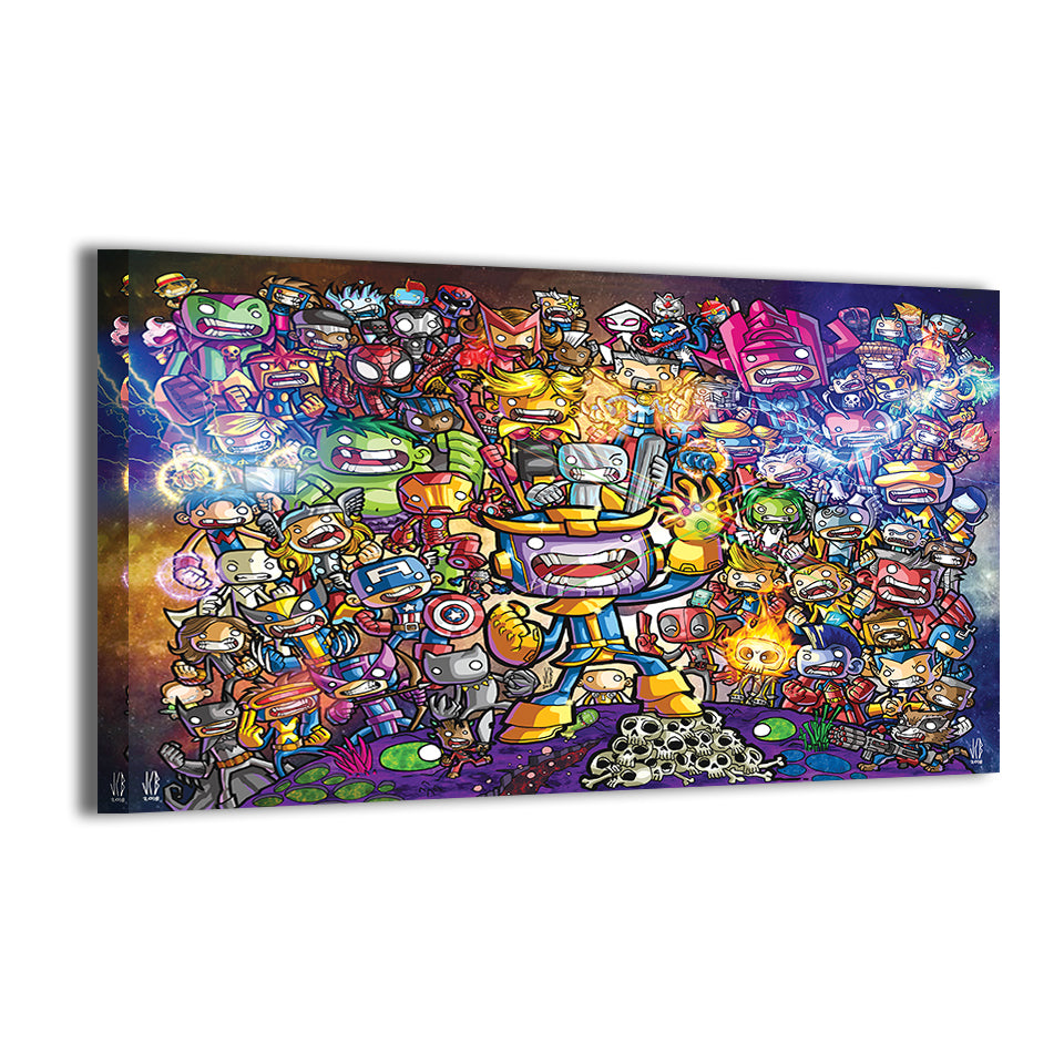 Infinity Chibi Army Canvas Print — chibi hero lineup, artwork by Jeff Benitez; gallery-wrapped, ready to hang.