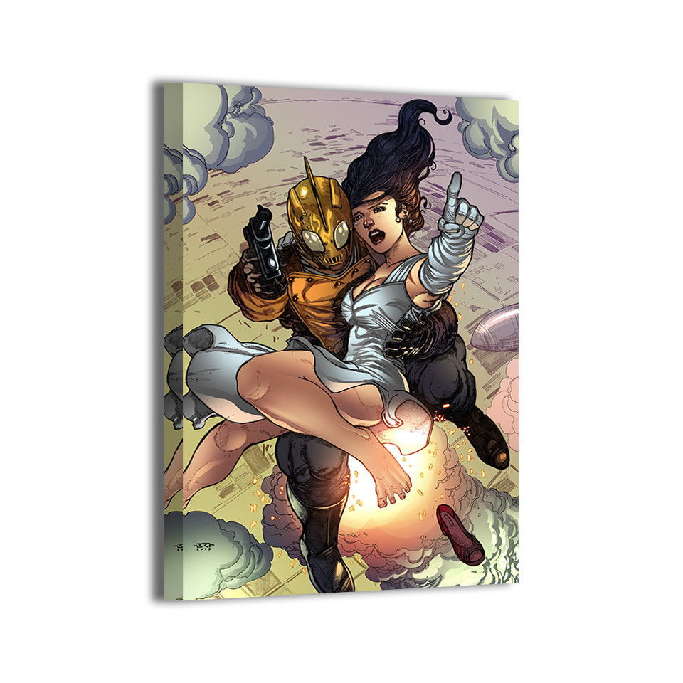 Rocketeer and soaring rescue scene by Brian Balando; gallery-wrapped canvas.