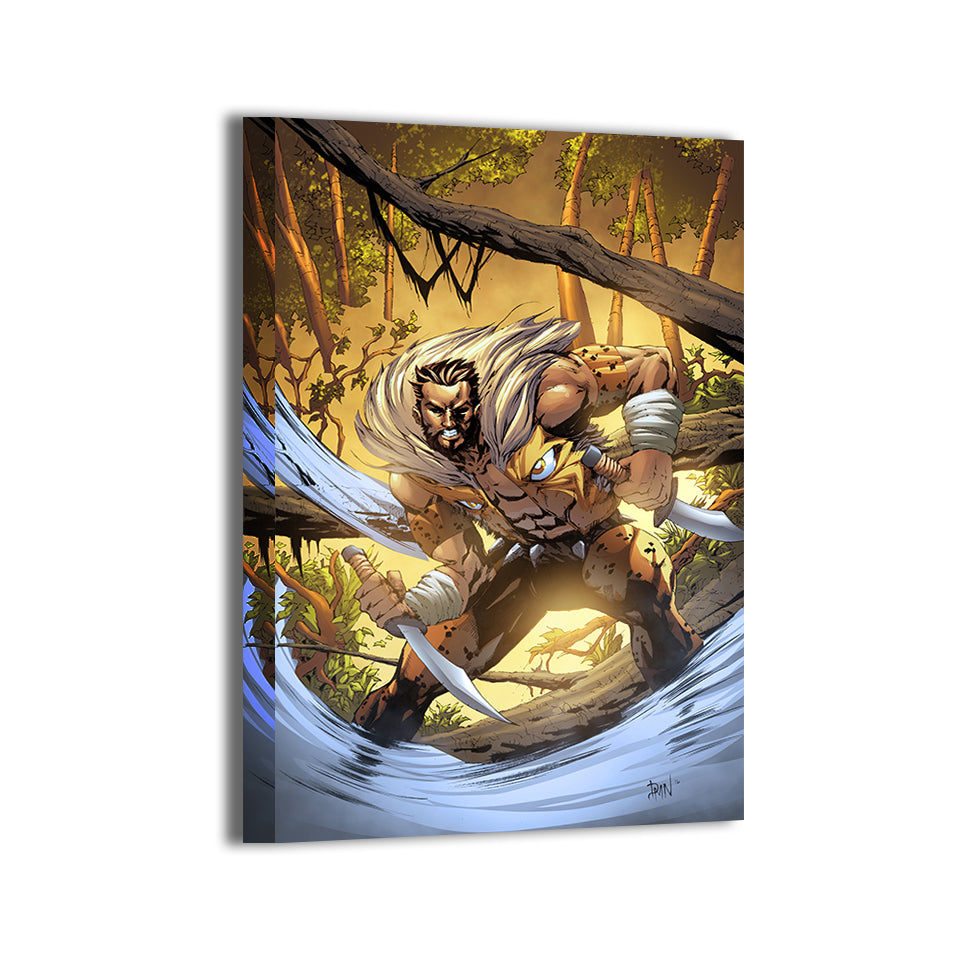 Gallery-wrapped canvas of Kraven charging in a forest, ready to hang; art by Don Mark Noceda, colors by Nestor Redulla Jr.