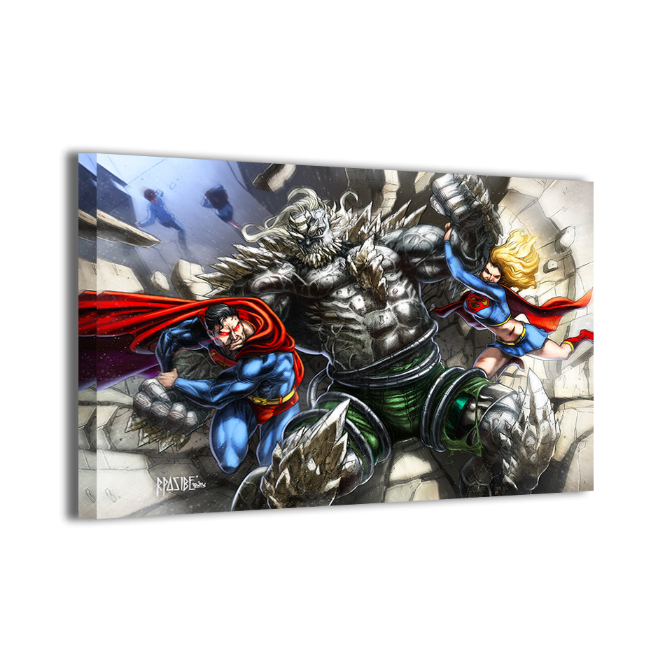 Superman and Supergirl battling Doomsday by Ryan Pasibe; dramatic wall art on canvas.