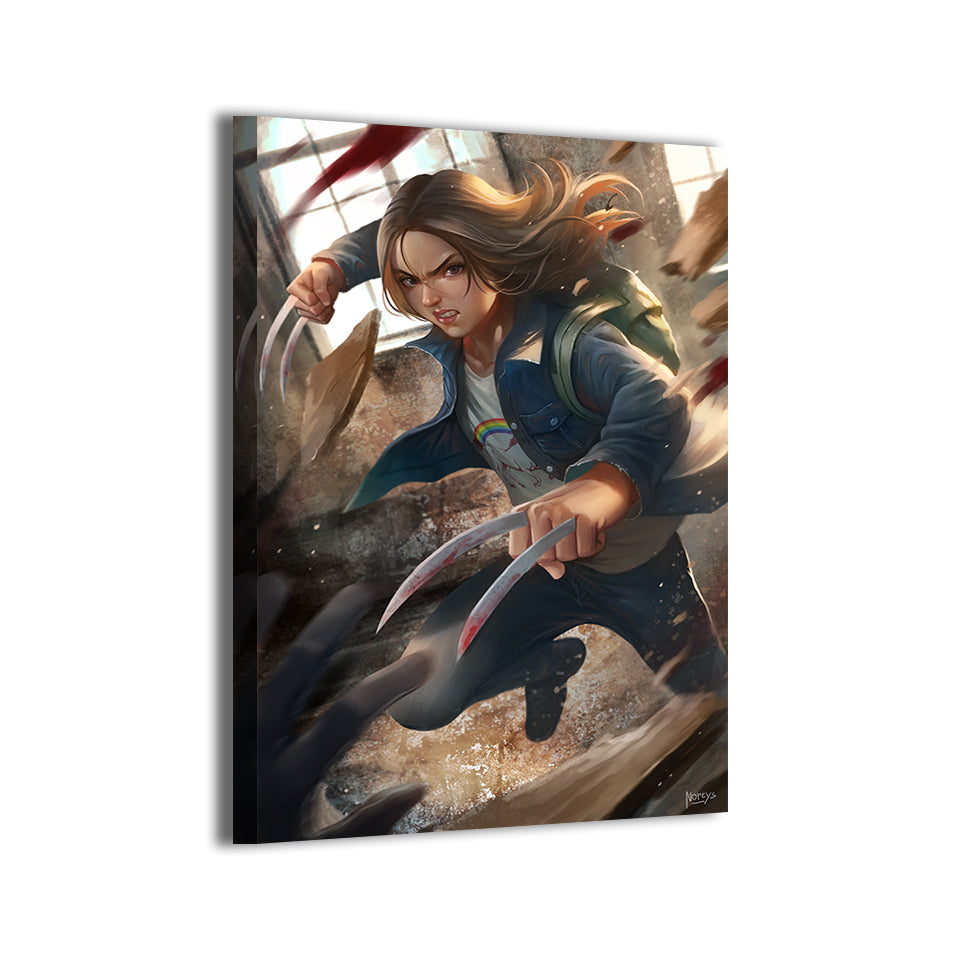 Laura Kinney mid-attack amid flying debris; art by Nopeys; gallery-wrapped, ready to hang.