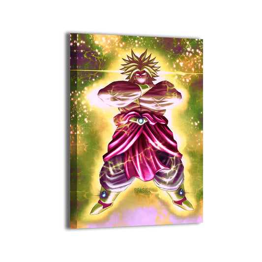 Legendary Surge Canvas — Broly glowing with emerald energy, Dragon Ball fan art by Ryan Pasibe; gallery-wrapped, ready to hang.
