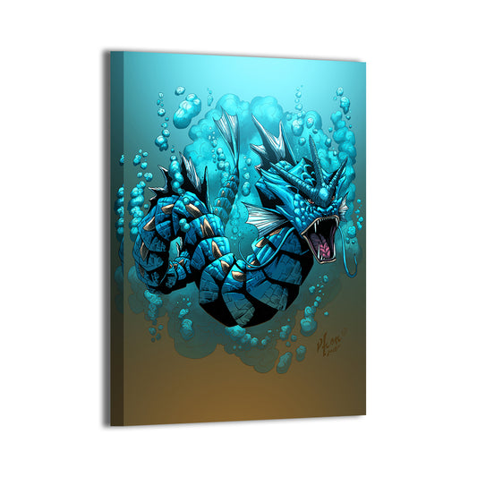 Gyarados Pokémon canvas wall art with swirling underwater bubbles.