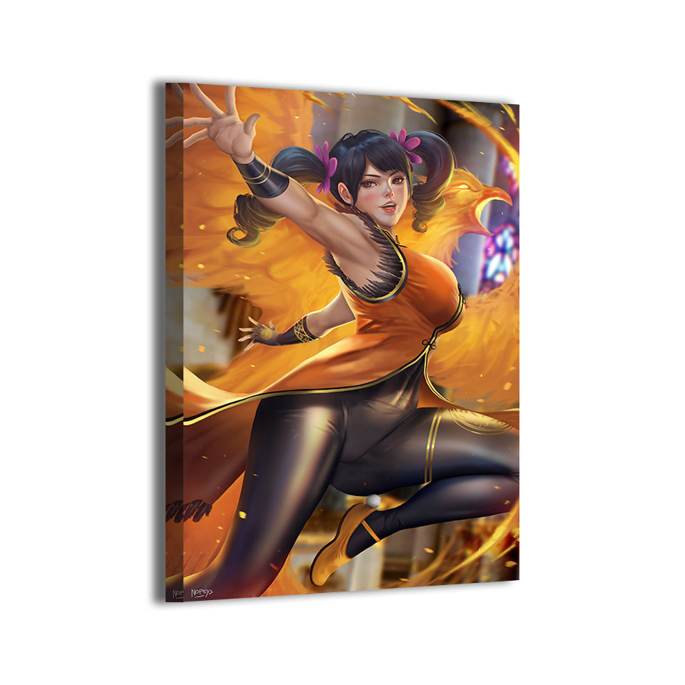 Ling Xiaoyu spinning pose, orange dress and flame wings; artwork by Nopeys; gallery-wrapped, ready to hang.