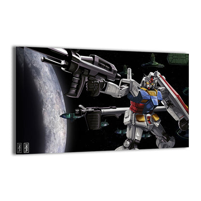 Gallery-wrapped canvas of a classic mecha in a space battle, ready to hang; art by Ray Dash.