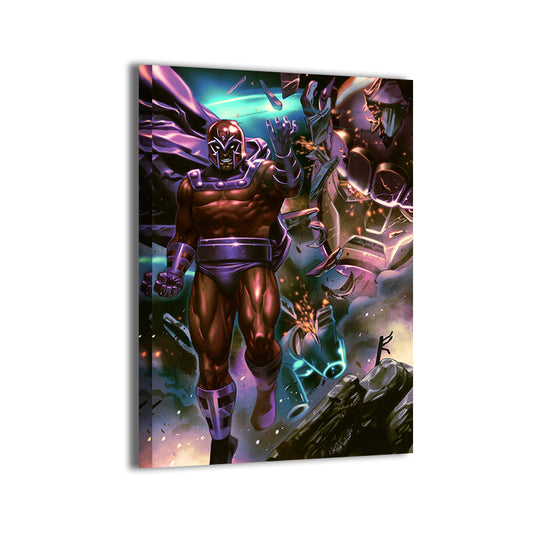 Magnetic Dominion Canvas — Magneto hovering with twisted Sentinel parts, art by Ryan Pasibe; gallery-wrapped, ready to hang.