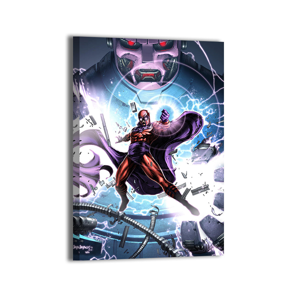 Magneto vs Sentinel by Jimbo Salgado; gallery-wrapped, ready to hang.