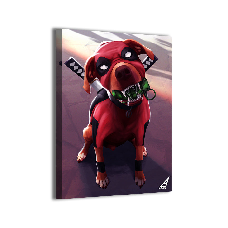 Deadpool dog parody in red-black suit on canvas, created by Ben Asher.