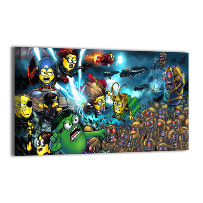 Parody Avengers minions versus villains battlefield scene by Brian Balando; gallery-wrapped, ready to hang.