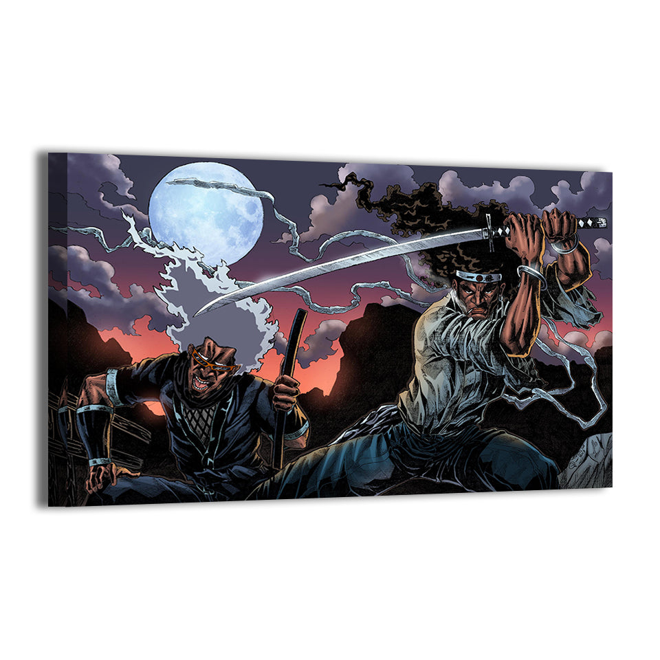 Afro Samurai mid-battle with opponent; artwork by Jey Soliva; gallery-wrapped.
