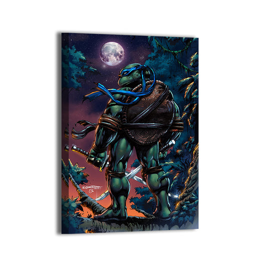 Moonlit Sentinel Canvas Print — Leonardo gazing at the moon with twin katanas, artwork by Emil Cabaltierra; gallery-wrapped, ready to hang.