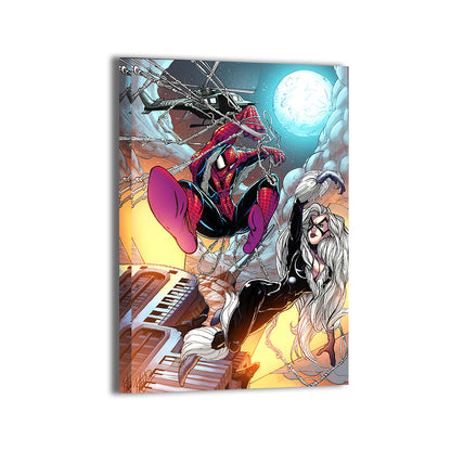 Moonlit Web & Whiskers Canvas — Spider-Man and Black Cat rooftop chase, Marvel fan art by Keith Curtis, colors by Nestor Redulla Jr.; gallery-wrapped, ready to hang.