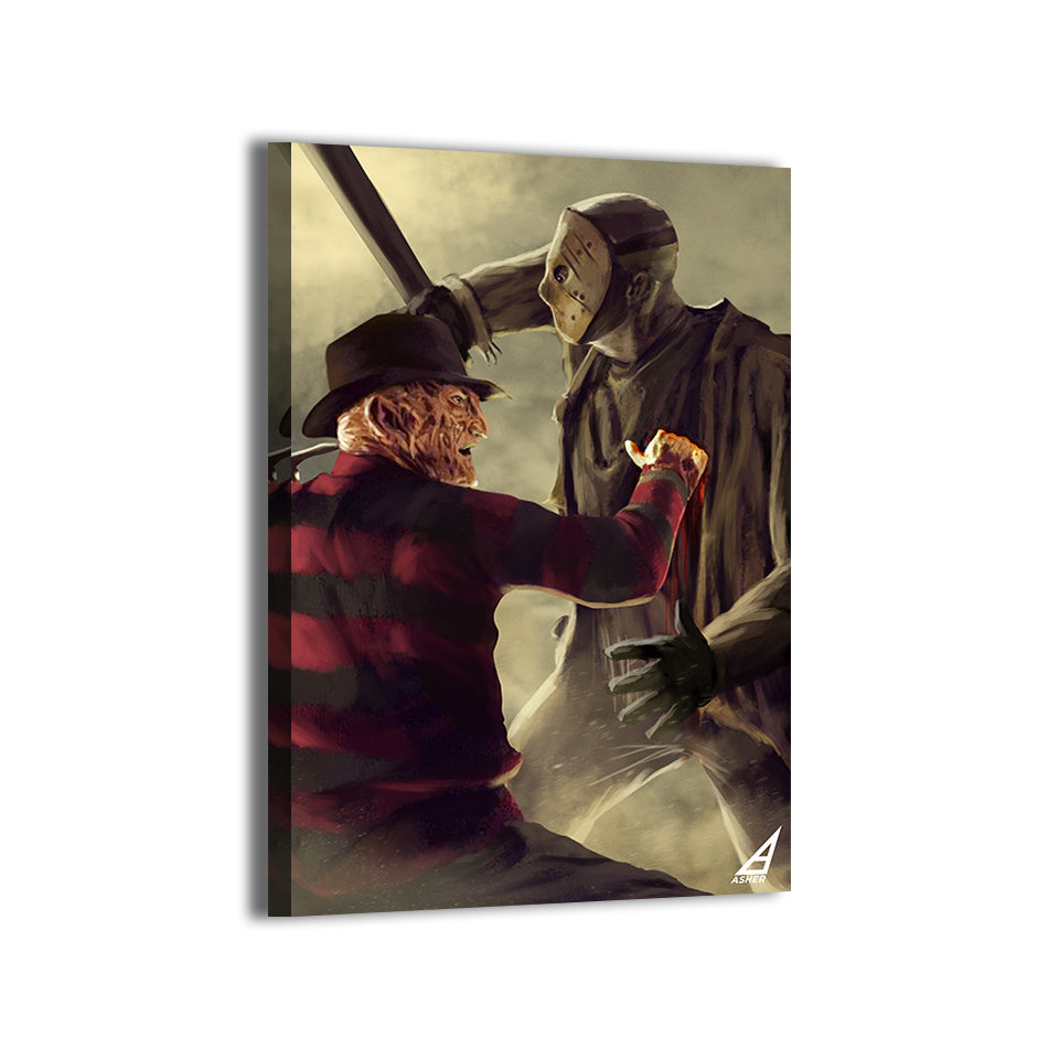freddy vs jason dynamic fight scene by Ben Asher; gallery-wrapped, ready to hang.
